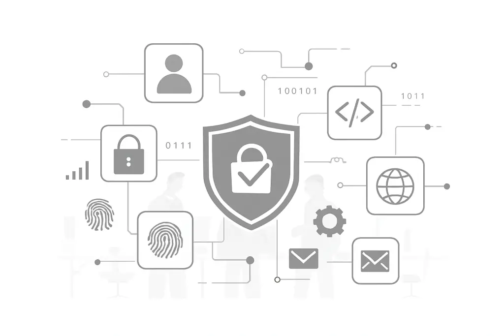 Shield icon surrounded by cybersecurity symbols including lock, fingerprint, code, and email, on a white background