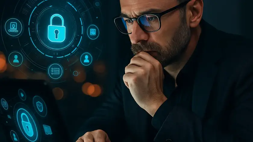 Middle-aged cybersecurity expert analyzing data breach risk – concept of virtual CISO (vCISO) leadership