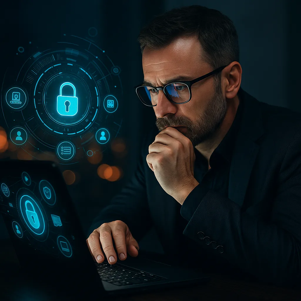 Middle-aged cybersecurity expert analyzing data breach risk – concept of virtual CISO (vCISO) leadership