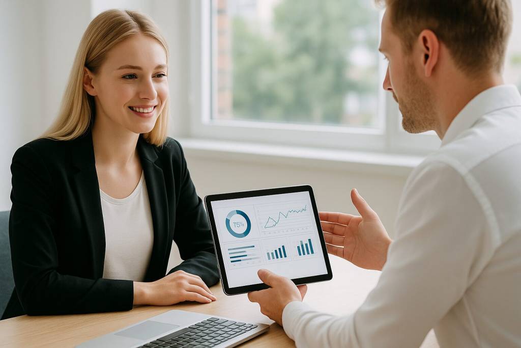 Consultant presenting interactive compliance dashboards to a client in a bright modern office — concept of boutique consulting expertise.