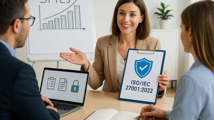 Professional woman consultant presenting ISO 27001 implementation strategy to a small business team in a modern, well-lit office — concept of boutique consulting for SMEs.