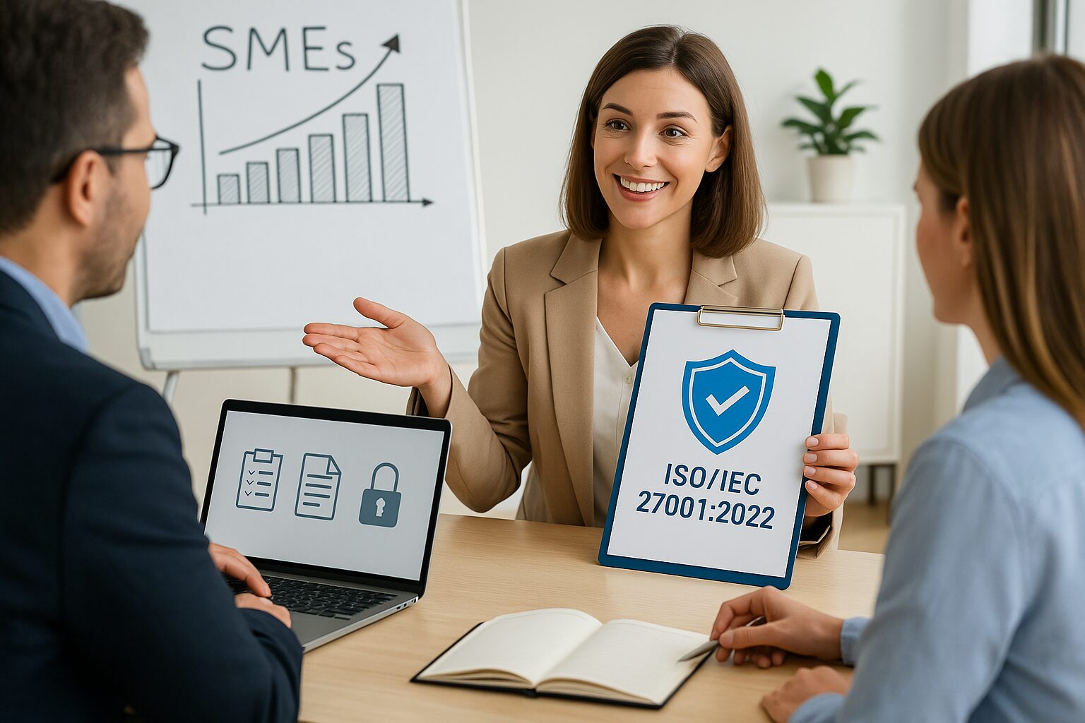 Professional woman consultant presenting ISO 27001 implementation strategy to a small business team in a modern, well-lit office — concept of boutique consulting for SMEs.
