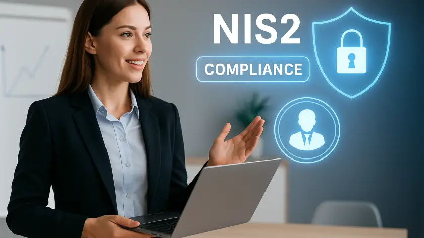Businesswoman reviewing cybersecurity compliance checklist, with digital padlock and NIS2 regulation icons in modern office setting.