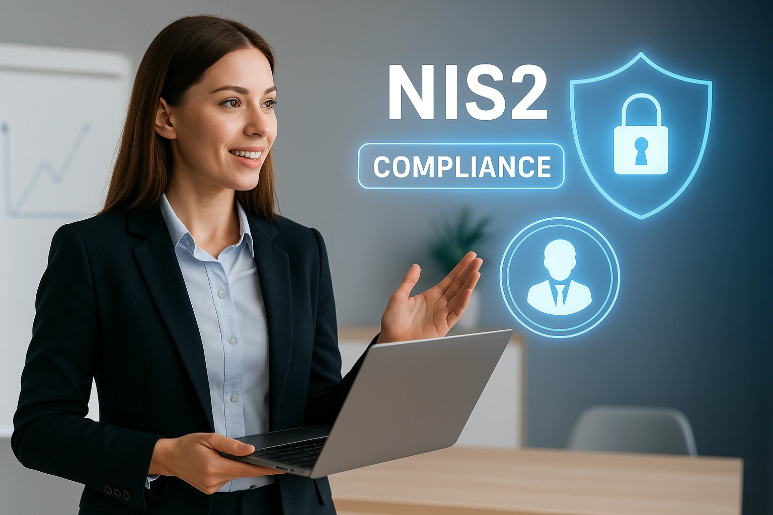 Businesswoman reviewing cybersecurity compliance checklist, with digital padlock and NIS2 regulation icons in modern office setting.