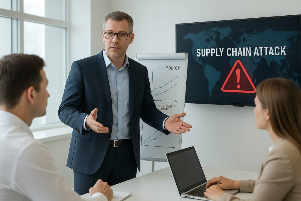 Professional vCISO leading a business meeting, explaining cybersecurity risks and third-party vulnerabilities using charts and digital governance visuals — concept of secure software development and strategic leadership.