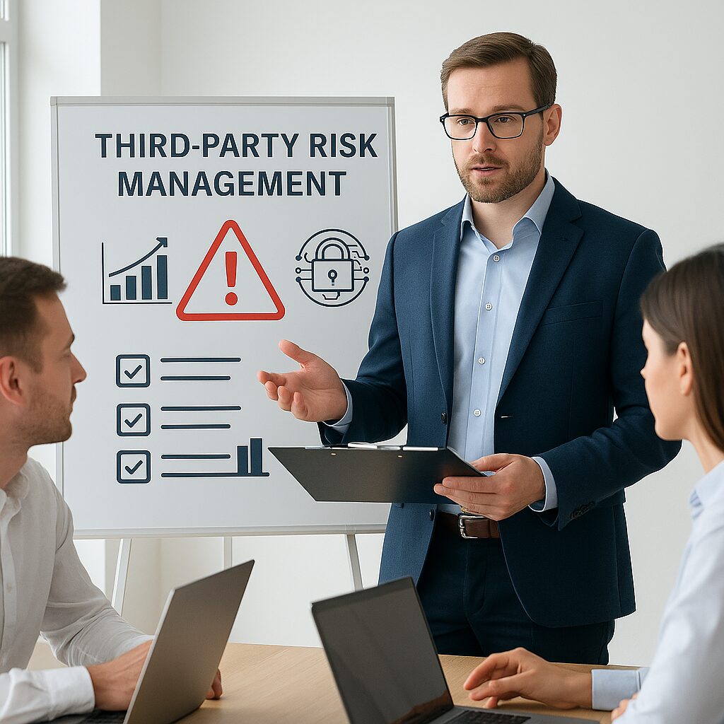 Confident cybersecurity expert presenting secure development practices during a bright professional meeting — concept of vCISO leadership and proactive risk management.