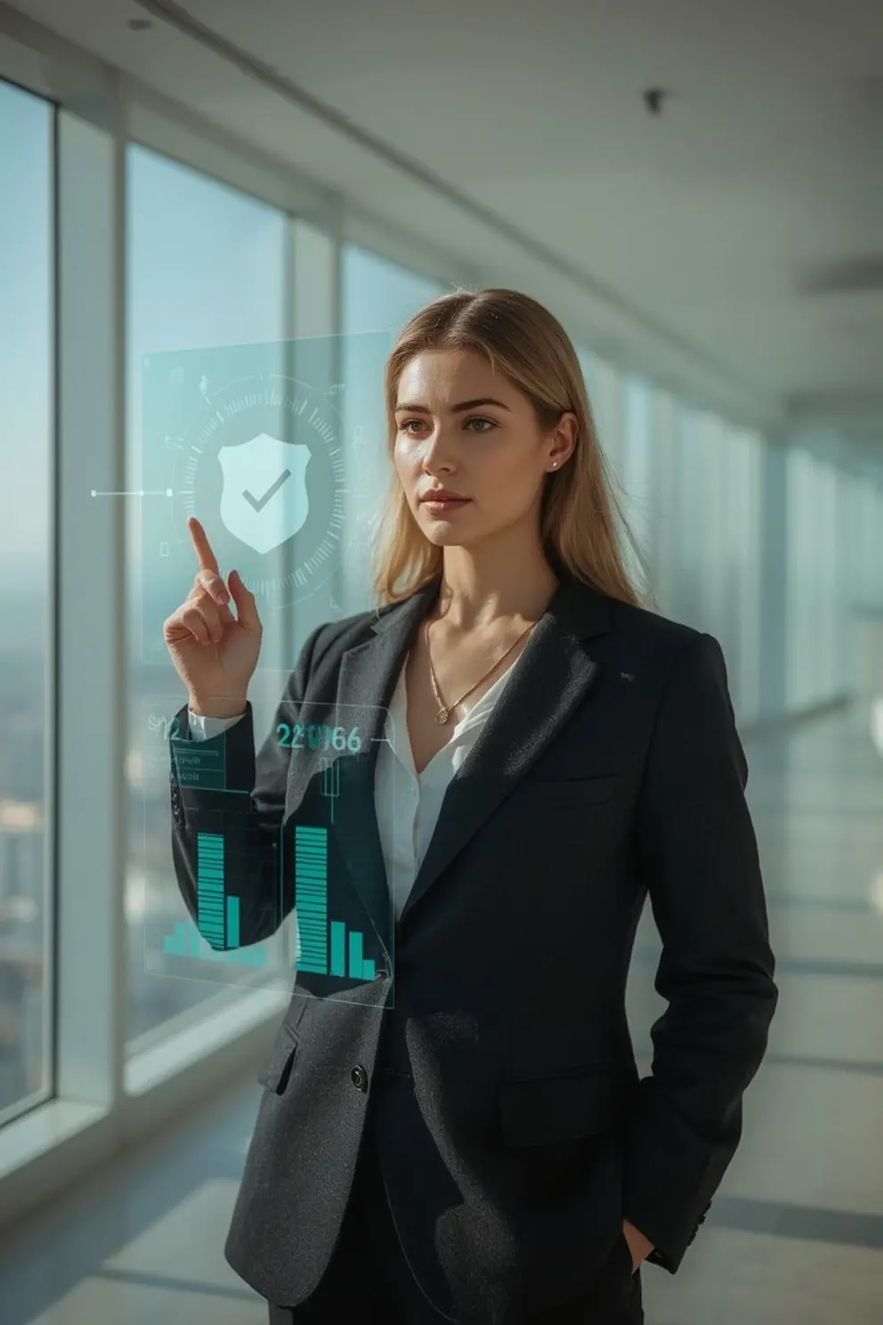 Female cybersecurity executive in a modern office interacting with a holographic dashboard showing a shield icon and analytics graphs