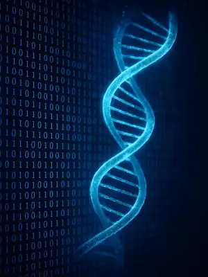 Digital DNA strand over binary code representing regulatory compliance and data integrity