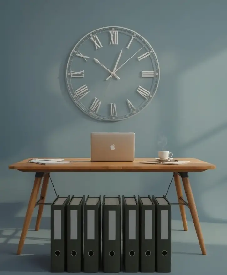 Organized office desk with binders and clock representing business continuity and preparedness