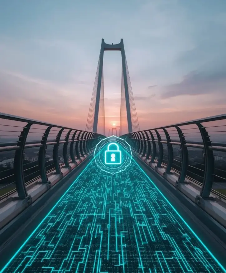 Modern digital bridge with glowing cyber shield path at sunrise, symbolizing secure connections