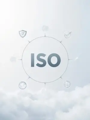 ISO certification concept with icons of quality, security, and global compliance over a cloud background