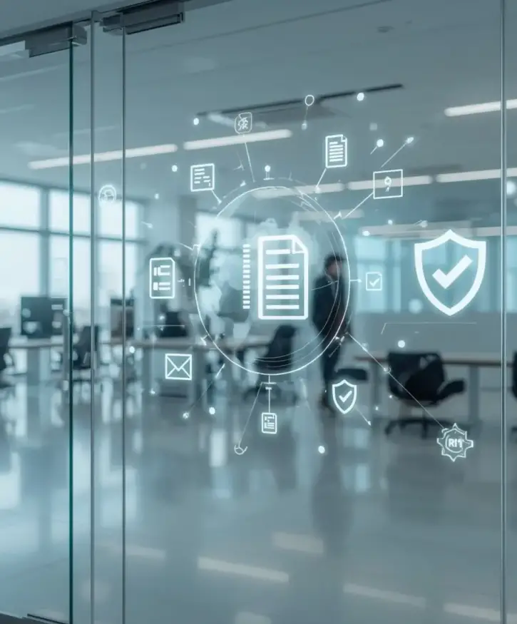 Modern office interior with digital ISO certification icons representing compliance and quality assurance services in Greece