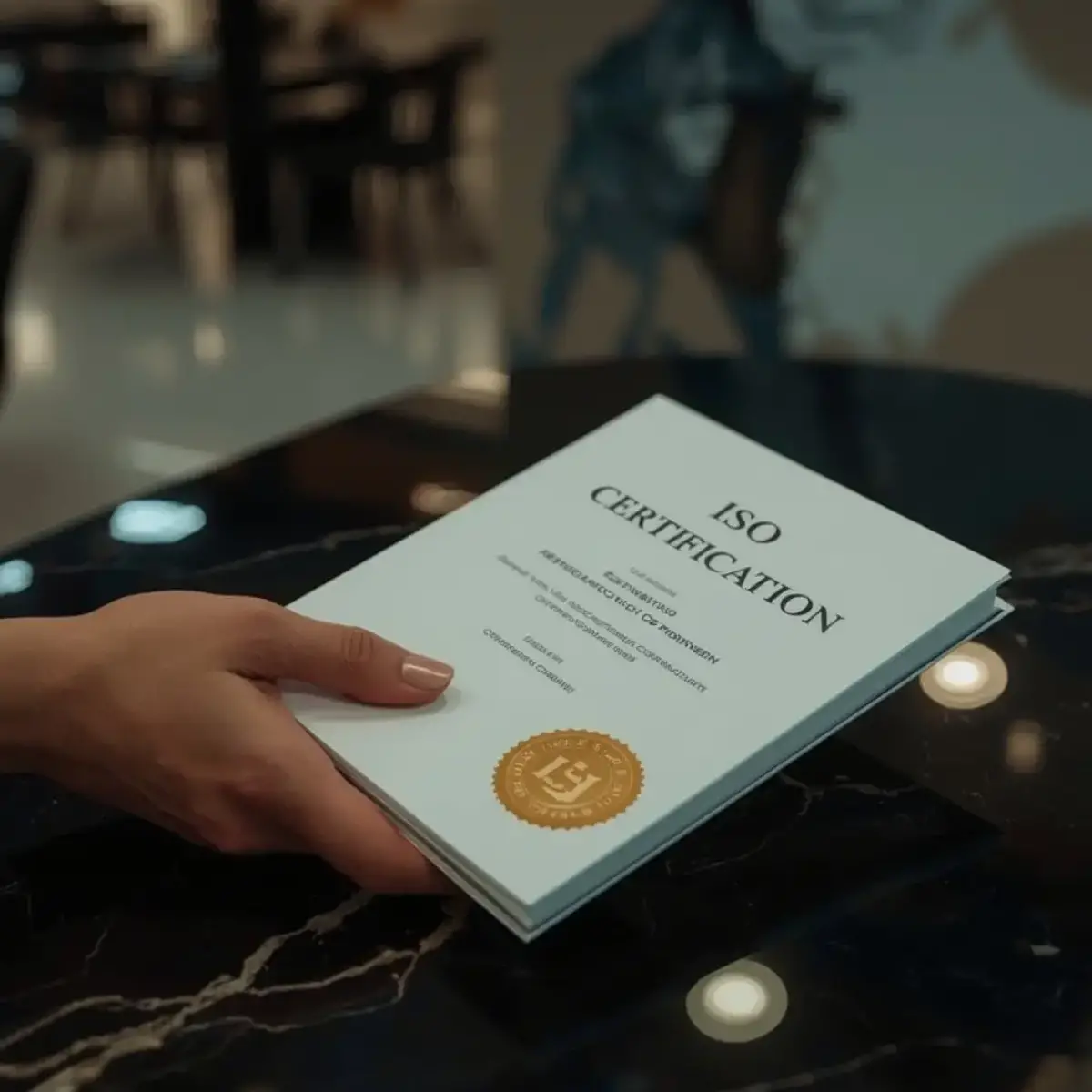 Close-up of ISO certification document with gold seal, symbolizing compliance with international standards