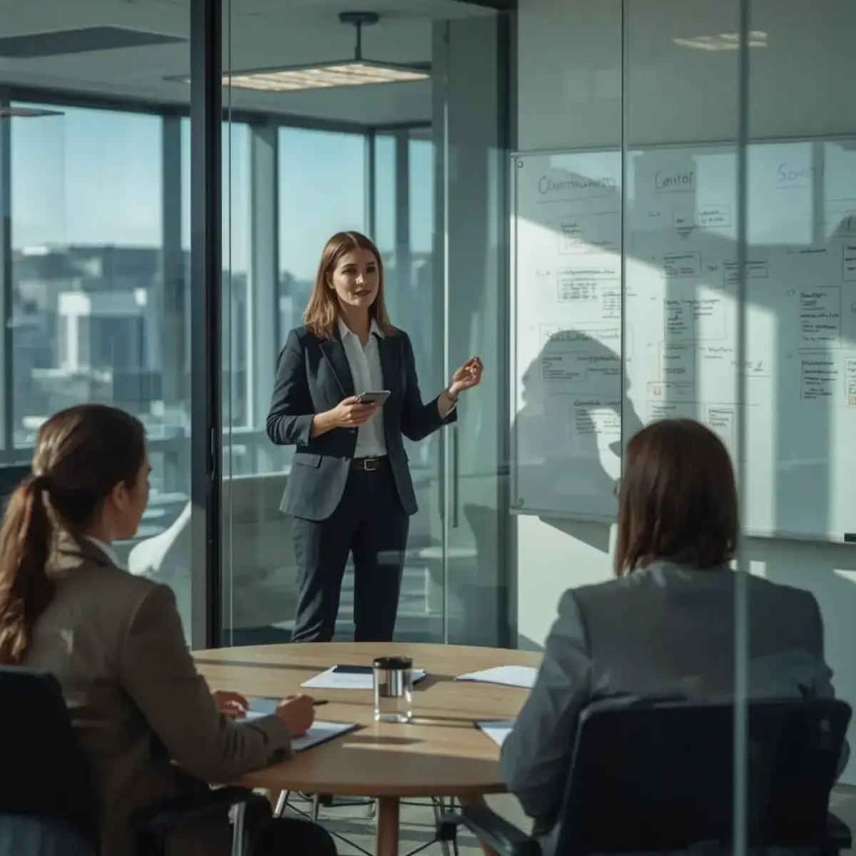Business continuity consultant leading a strategy session in a modern office boardroom