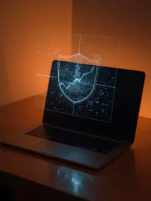 Cybersecurity analytics shield projected from laptop screen in a modern office setting
