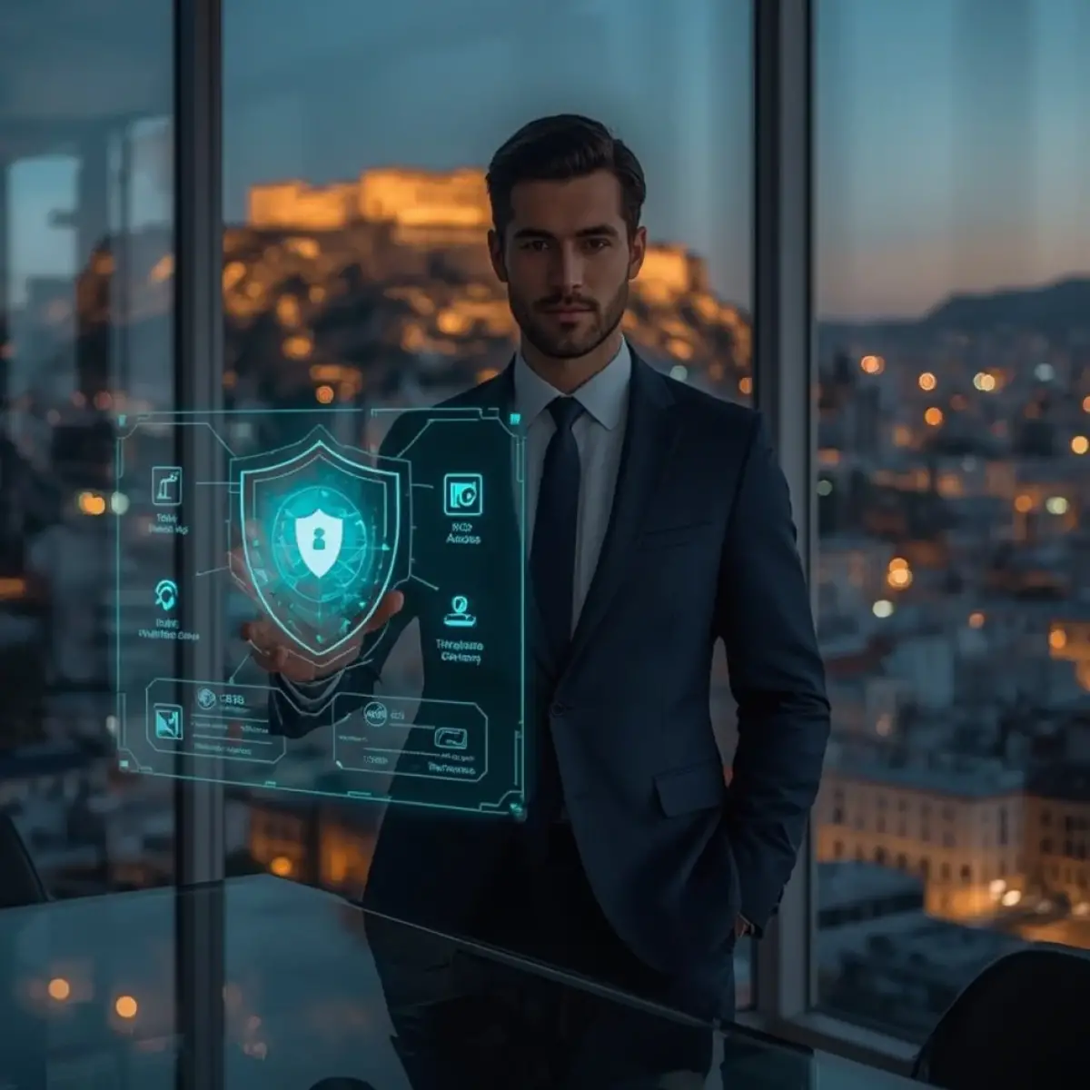 Cybersecurity compliance consultant in front of Athens skyline with digital interface for DORA, NIS2, GDPR and AI Act readiness