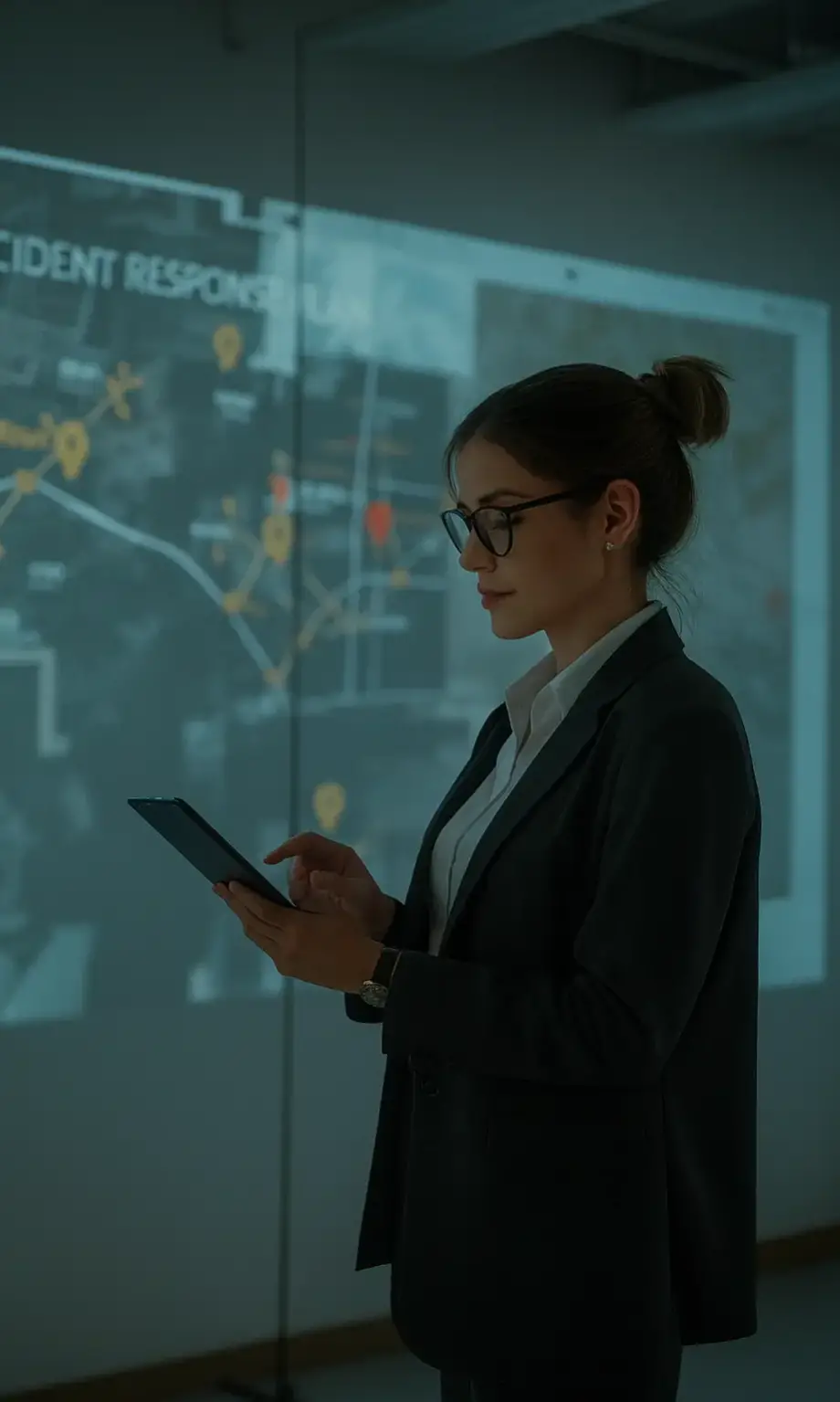 Female cybersecurity executive analyzing incident response plan on digital tablet